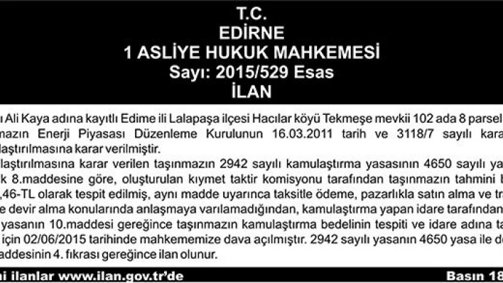 Sayı : 2015/529 Esas 08/06/2015 İLAN