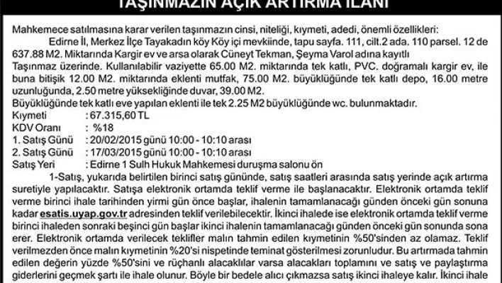 TAŞINMAZIN AÇIK ARTIRMA İLANI