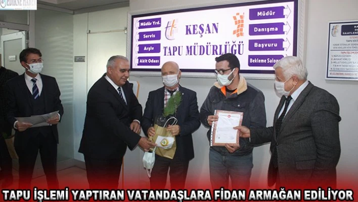 Tapu işlemi yaptıran vatandaşlara fidan armağan ediliyor