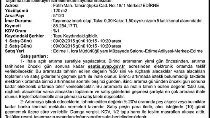 Taşınmazın Açık artırma İlanı