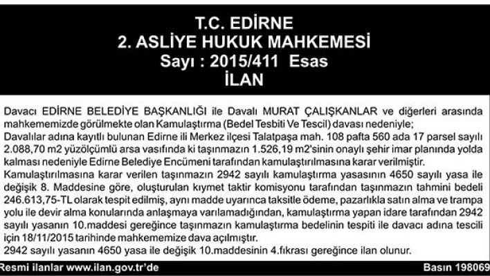 Sayı : 2015/411 Esas İLAN