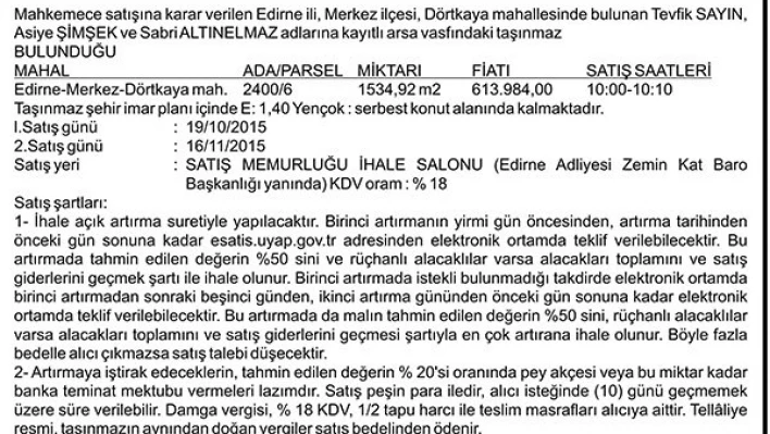 TAŞINMAZIN AÇIK ARTIRMA İLANI