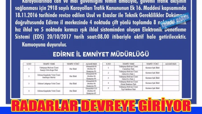 Radarlar devreye giriyor