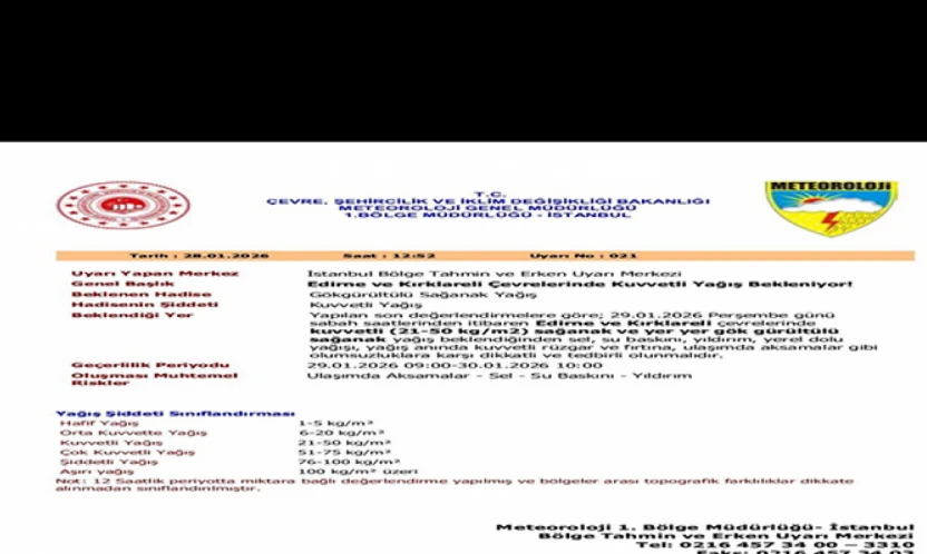 Meteorolojiden Edirne için kuvvetli yağış uyarısı